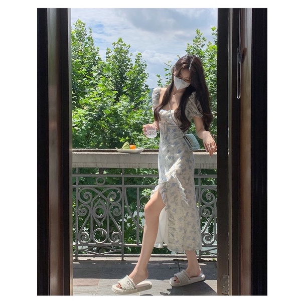 ĐẦM MIDI HOA XANH XẺ ĐÙI PHỐI BÈO