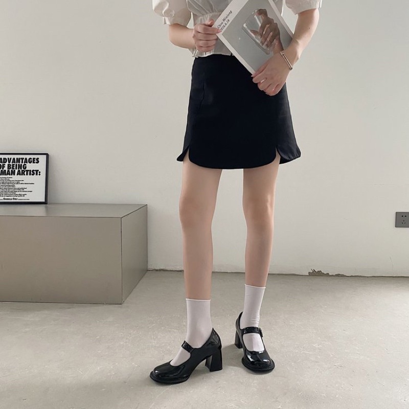 Giày nữ Mary Jane cao gót đế vuông 7p mũi tròn da bóng Eudora899 quai ngang vintage GB18