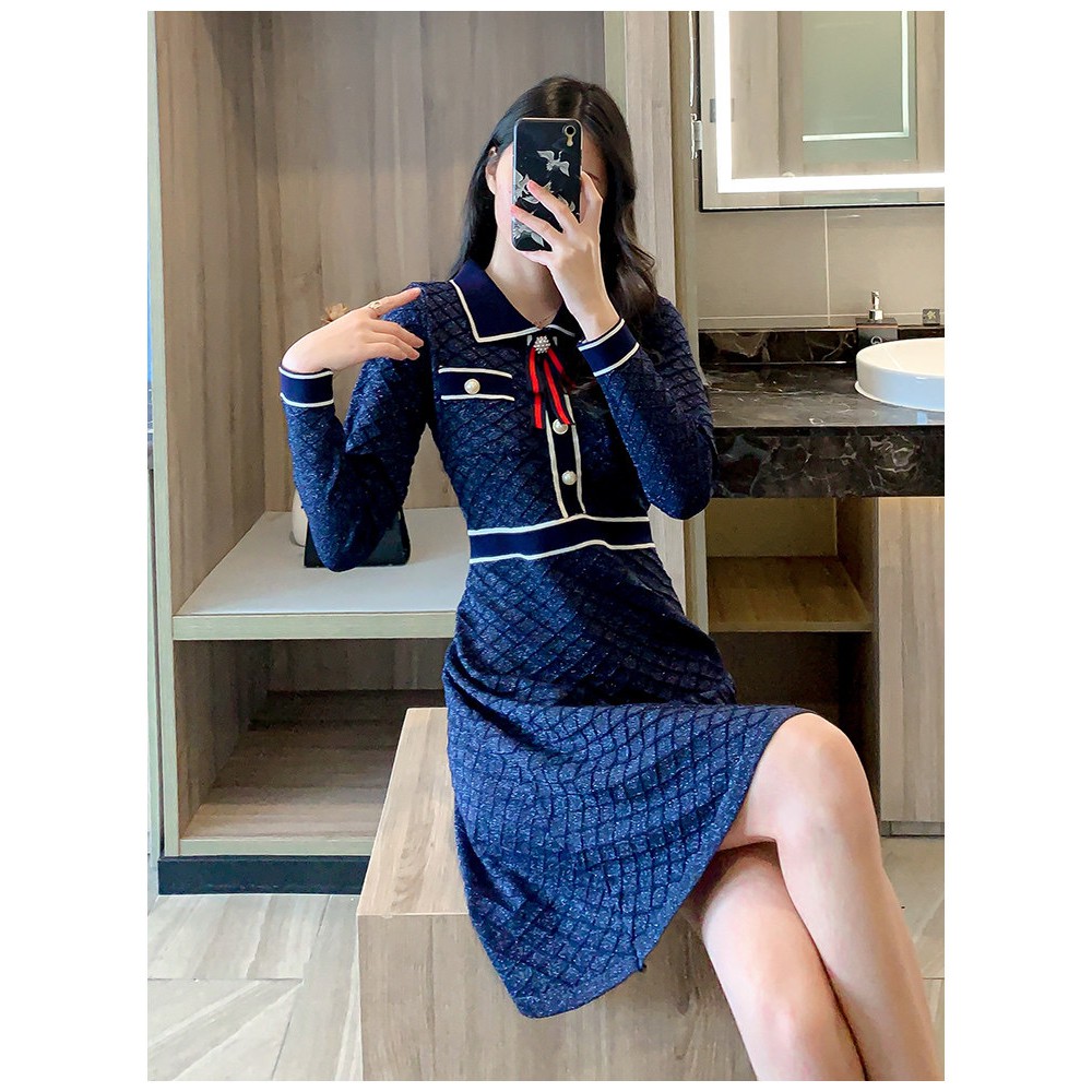 Đầm tiểu thư chữ A dự tiệc Quảng Châu cao cấp váy len gân D&R Fashion L016