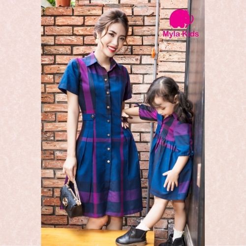 Đầm đôi mẹ bé gái họa tiết kẻ bbr màu xanh tím thiết kế tay lửng cổ sơ mi chất liệu cotton nhật cao cấp Myla Kids