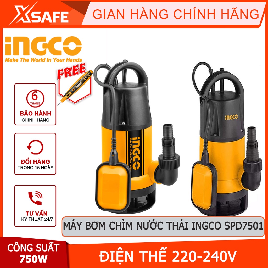 Máy bơm chìm nước thải INGCO SPD7501 Máy bơm công suất 750W(1.0HP), bơm cao tối đa 8m, hút sâu tối đa 7m - Xsafe