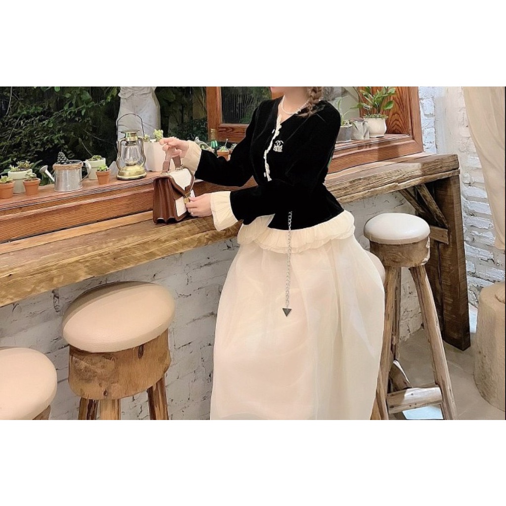 [ 𝐅𝐑𝐄𝐄 𝐒𝐇𝐈𝐏 ]   SÉT ÁO NHUNG VIỀN BÈO CHÂN VÁY TƠ XƯỚC