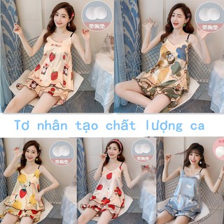 Bộ Đồ Ngủ Nữ Chất Giả Lụa Có Đệm Ngực Thiết Kế Thời Trang Mát Mẻ Mùa Hè