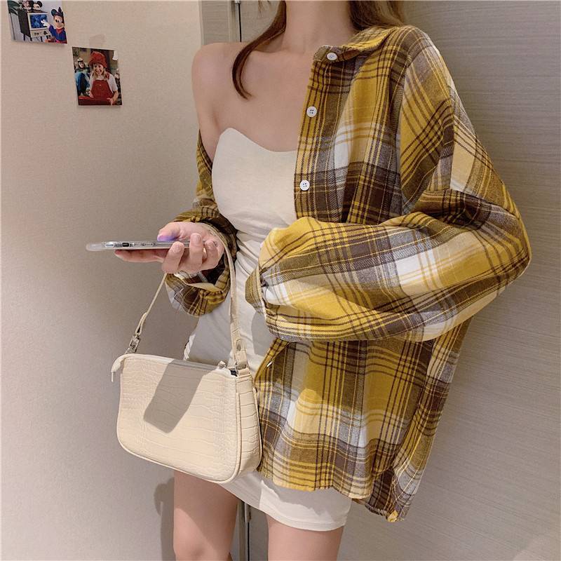 Áo sơ mi tay dài cổ bẻ kẻ sọc caro trẻ trung thời trang cho nữ | BigBuy360 - bigbuy360.vn