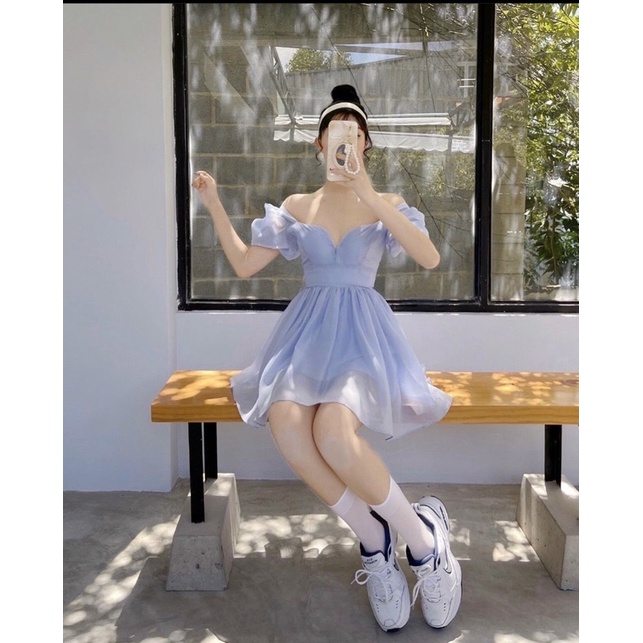 Đầm xanh xoè cúp ngực tay voan