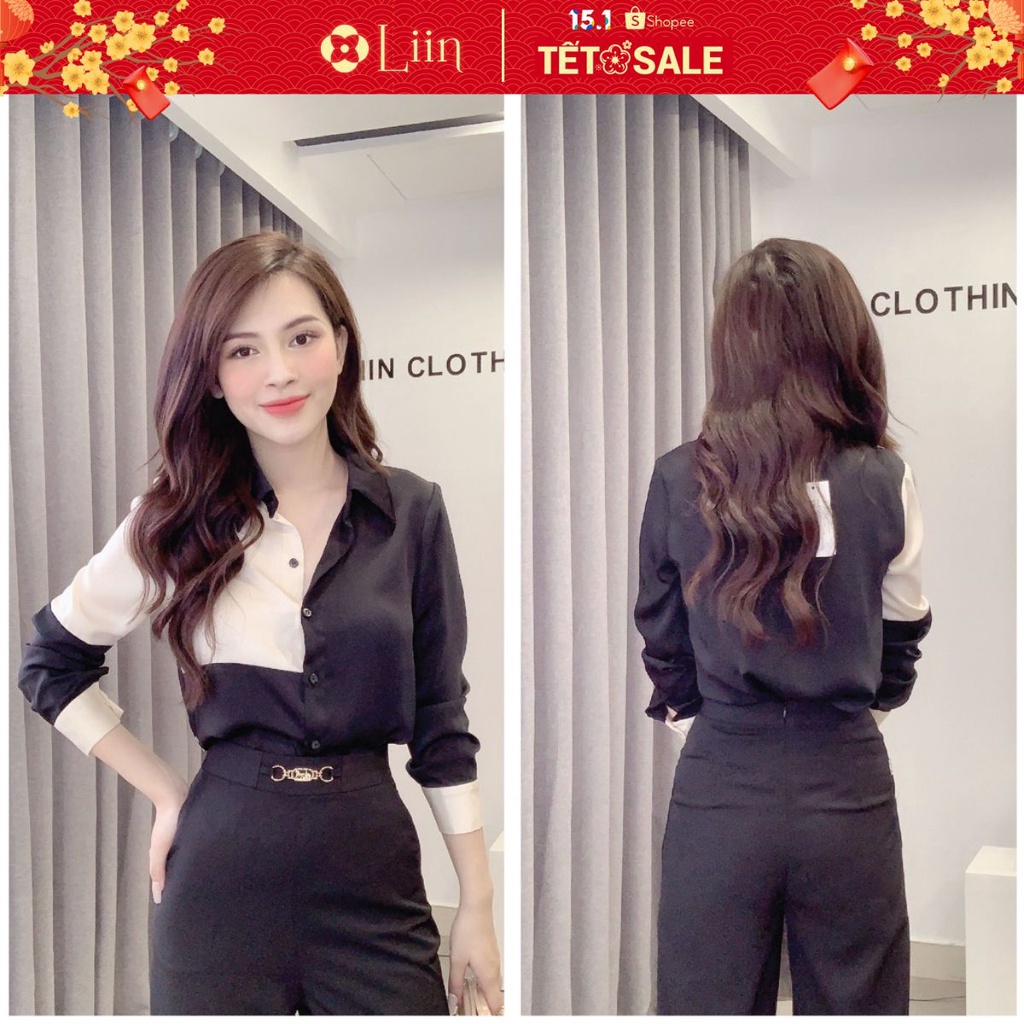 Áo sơ mi chất Lụa màu Đen Phối Trắng phong cách trẻ trung, hiện đại Liin Clothing SM3615