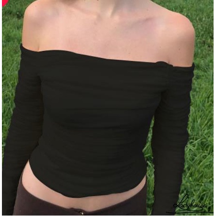 Áo Croptop Trễ Vai Phối Lưới Tay Loe Màu Sắc Trơn Thời Trang Cho Nữ