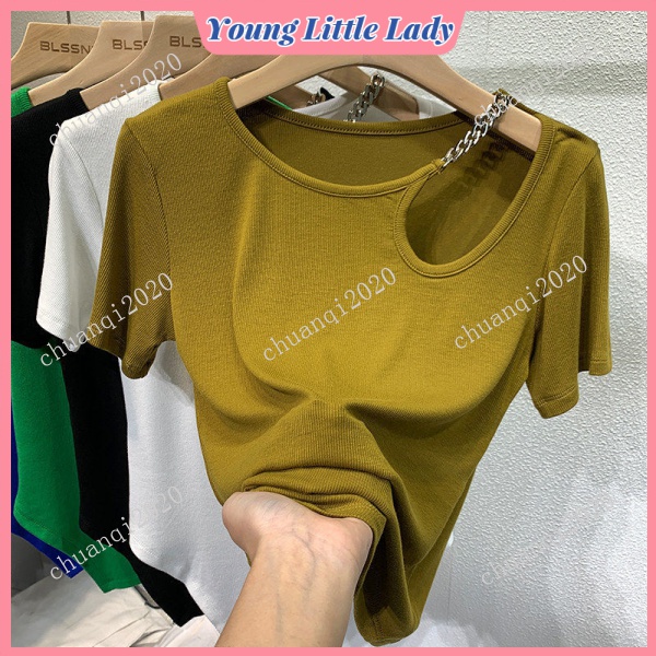 Irregular Klein Blue Short-Sleeved T-shirt Women's Design Sense Niche New Style Short Summer Collarbone Hollow Top Fashion