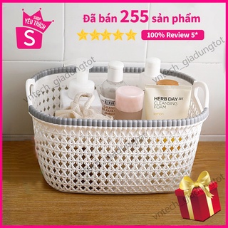 Rổ Nhựa Giả Đan Mây Có Quai Cầm Cỡ Nhỏ, Giỏ Đan Hàn Quốc -GD264