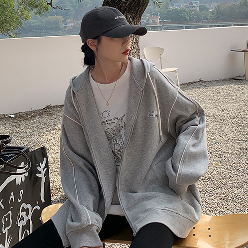 Áo khoác cardigan dáng rộng phối khóa kéo phong cách Hàn Quốc thời trang mùa thu mới