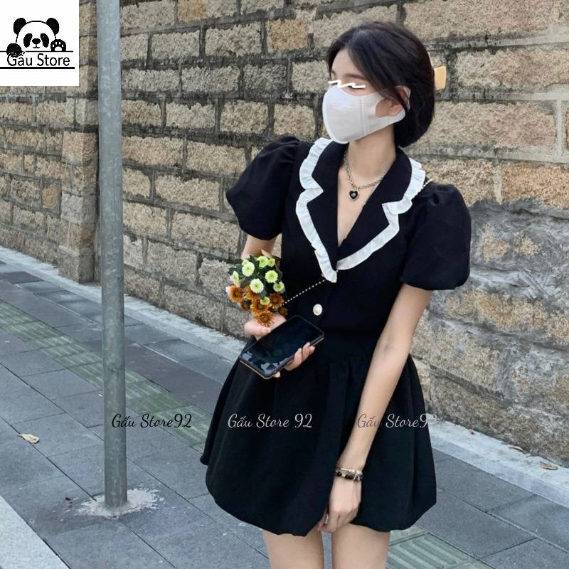 Váy đầm nữ màu đen cổ vest viền bèo tay bồng babydoll