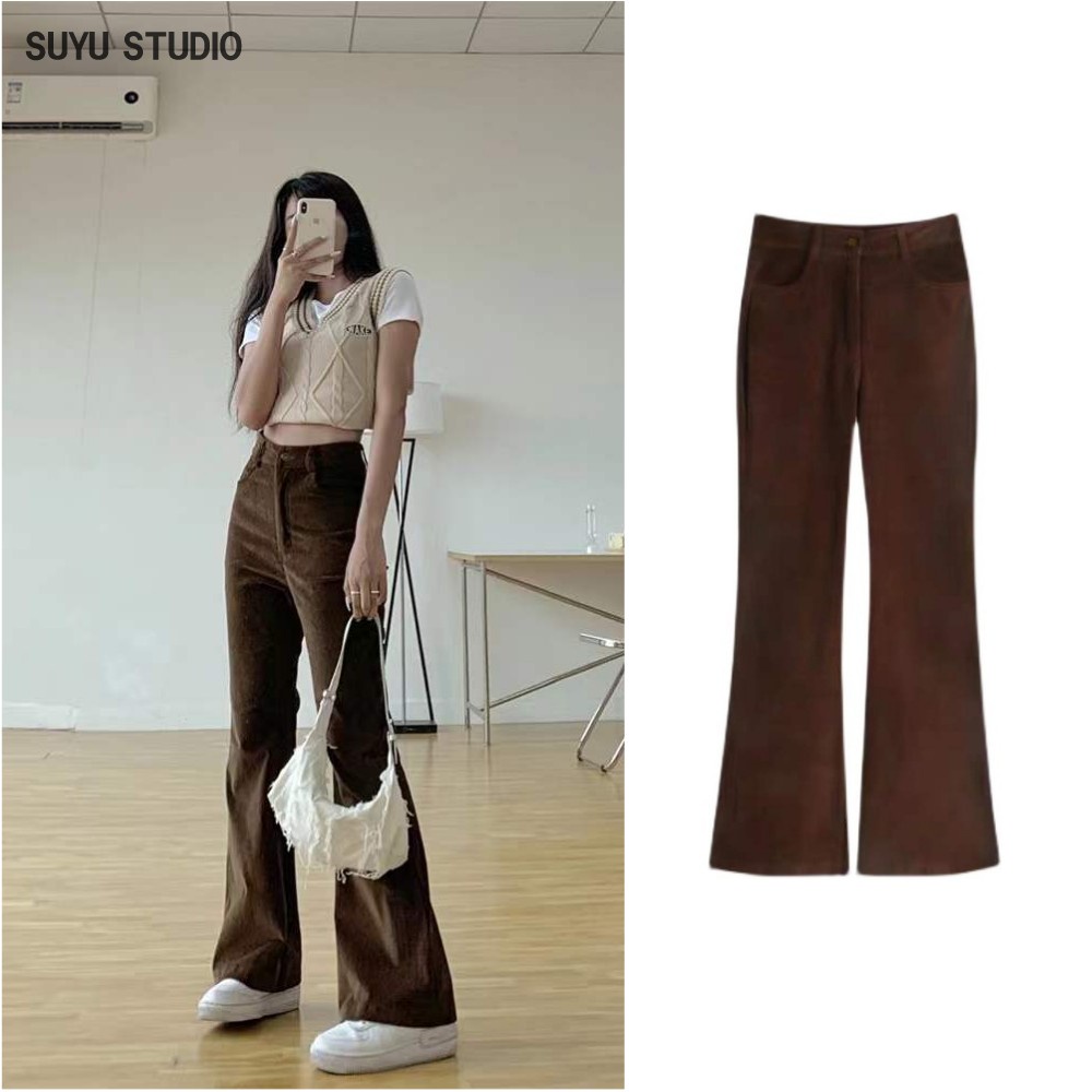 Quần dài ống loe lưng cao phong cách retro Hàn Quốc dễ phối đồ cho nữ