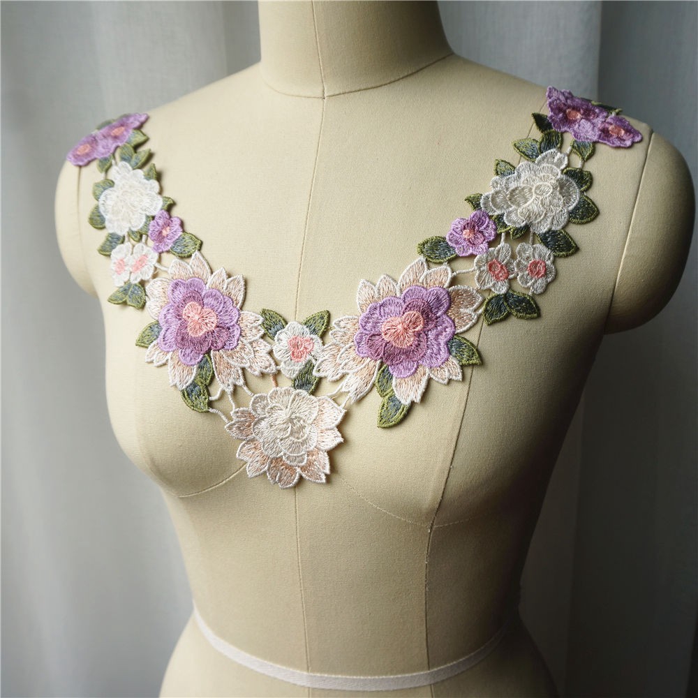 Tím Thêu Hoa Hồng Hoa Ren Đính May Cổ Cổ Miếng Dán Áo Cưới Cô Dâu DIY Thủ Công