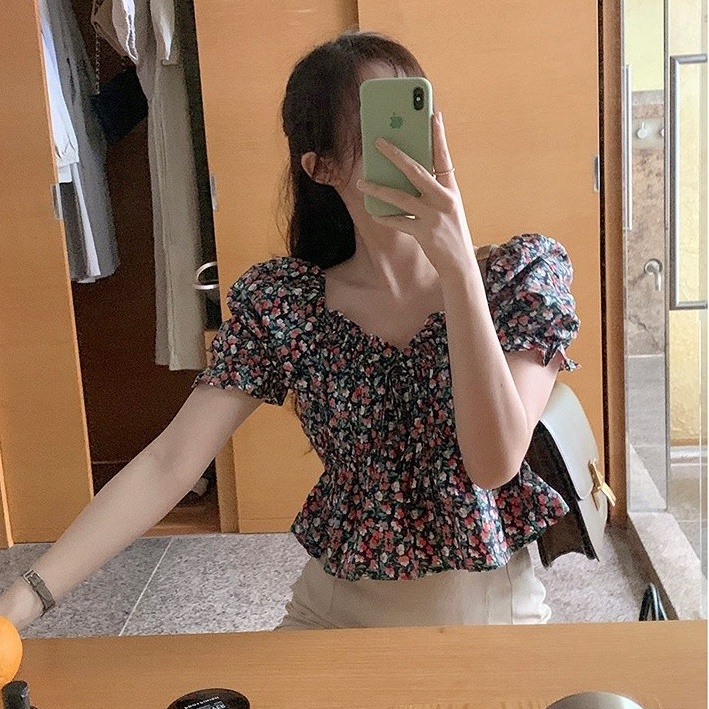 Áo SUXI tay ngắn cổ chữ V in hoa phong cách Hàn Quốc cổ điển