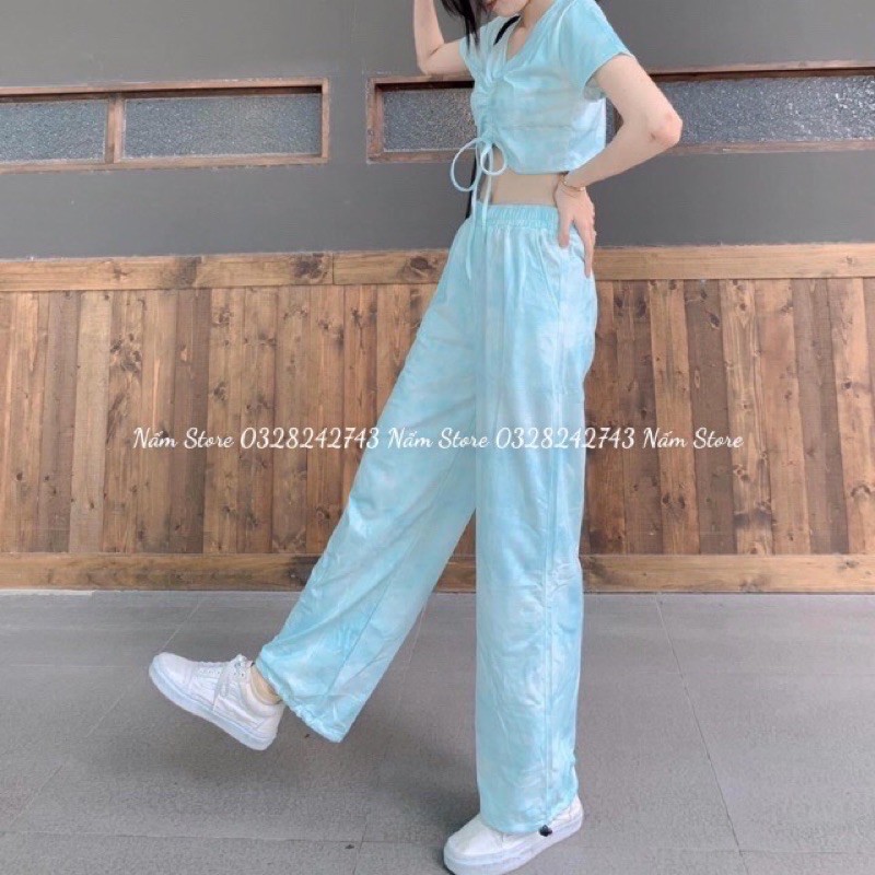 Set áo croptop rút dây + quần dài jogger loang màu ốmg rộng dây rút có cã set áo váy