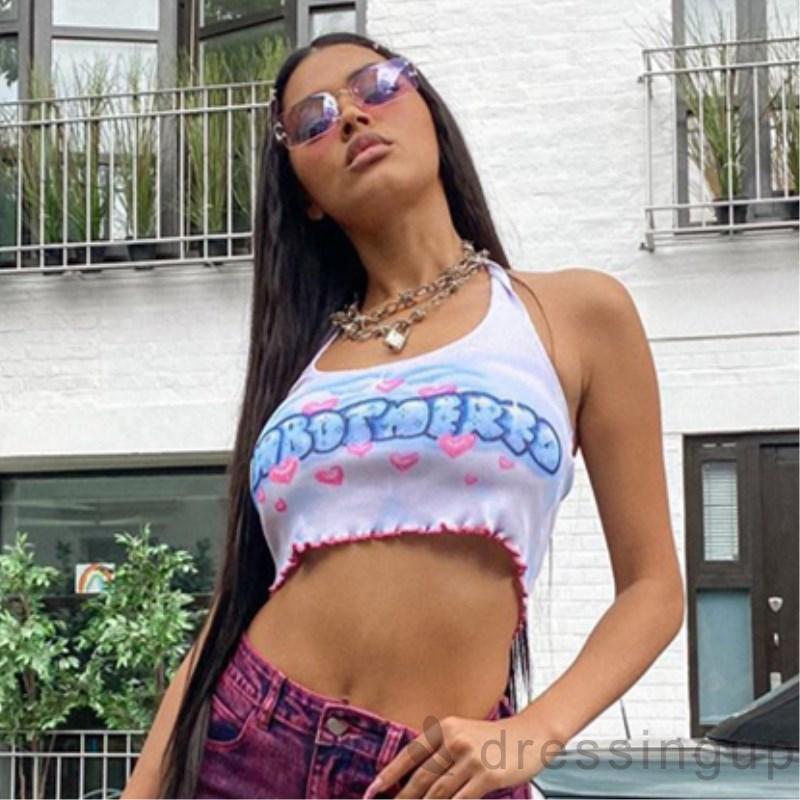 Áo Croptop Hở Lưng In Họa Tiết Chữ Và Trái Tim Sành Điệu Cho Nữ