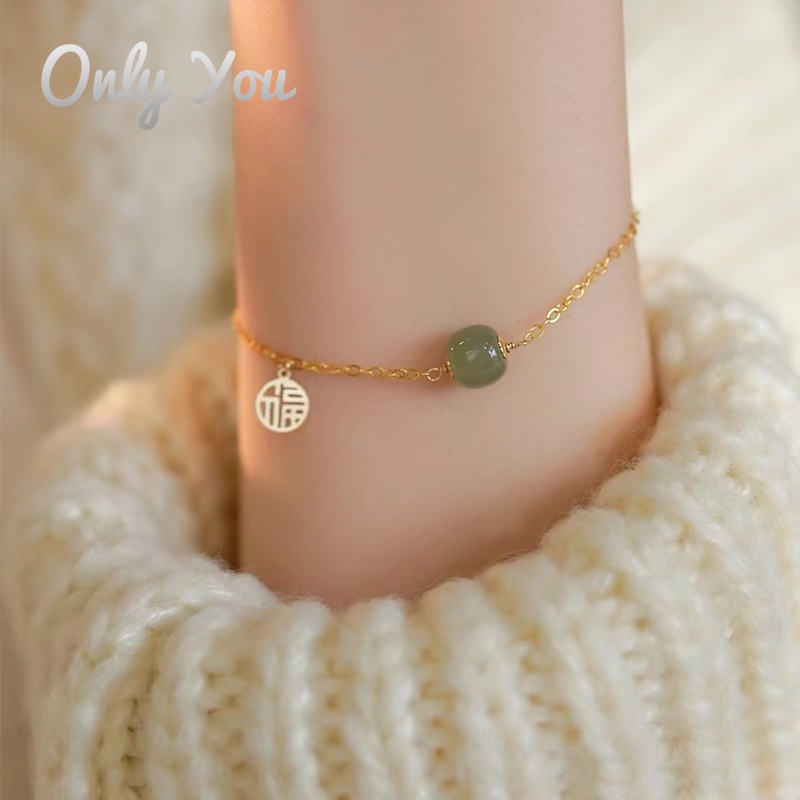 Vòng Tay Hai Lớp Mạ Vàng 18K Đính Đá Ngọc Bích Phong Cách Retro Sang Trọng