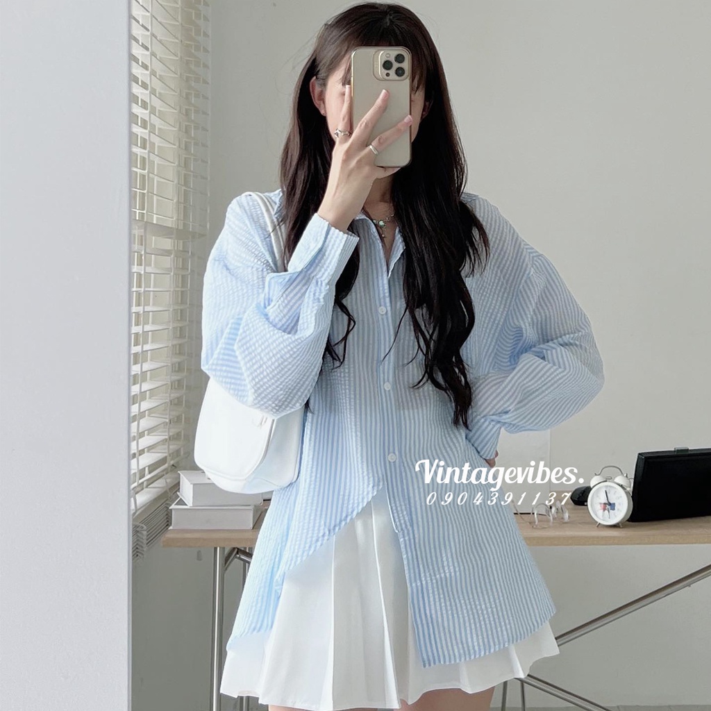 [FREESHIP] Áo sơ mi Hàn Quốc dáng rộng kẻ sọc vạt lệch dài tay style Ulzzang - Ảnh thật