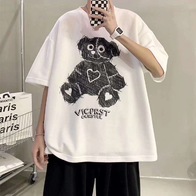 Áo Thun Tay Ngắn Cổ Tròn Dáng Rộng In Hình Gấu Hoạt Hình Phong Cách Hàn Quốc Thời Trang Mùa Hè Cho Nam M-8XL