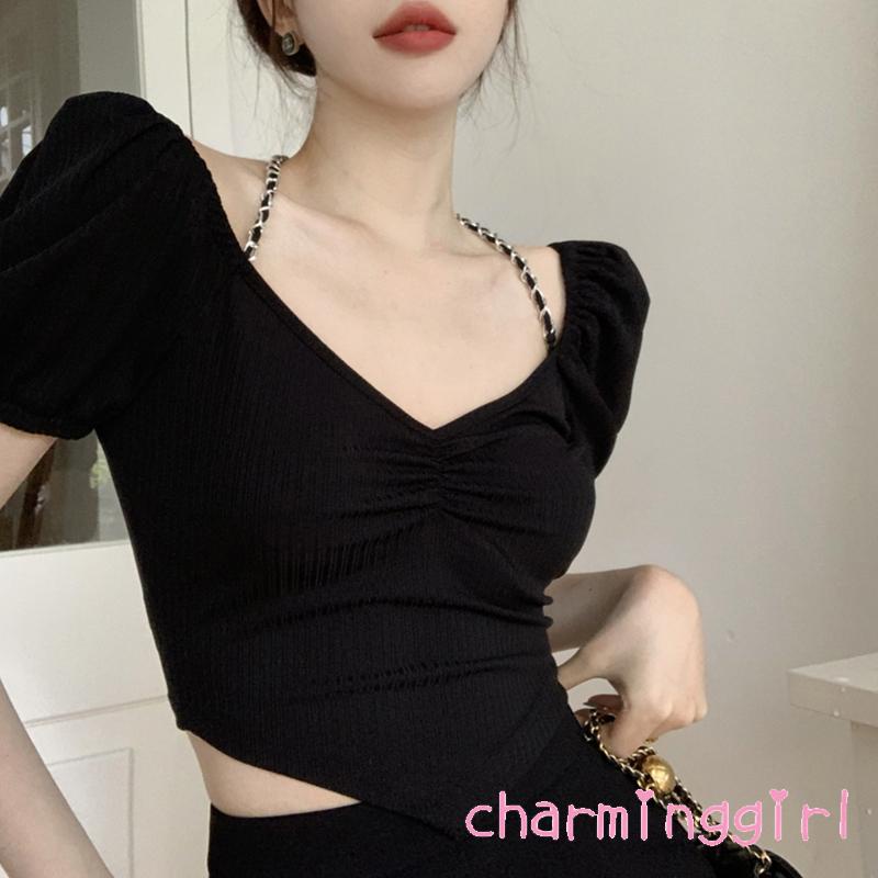 CHM-Women´s Halter Crop Tops Short Sleeve Solid Color Back Hollow Out Slim Fit T-Shirts