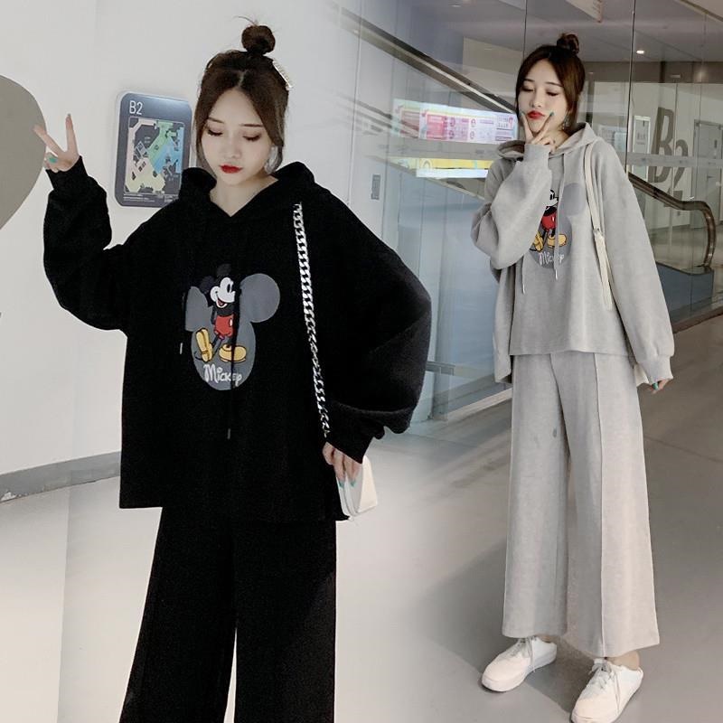 Set Bộ Nỉ Nữ Áo Hoodie Dài Tay In Hình Mickey Kèm Quần Ống Suông Thể Thao Thời Trang Sugal QA NU 027V2