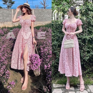 ☘️ váy hoa cổ vuông nơ ngực xẻ tà 🌿