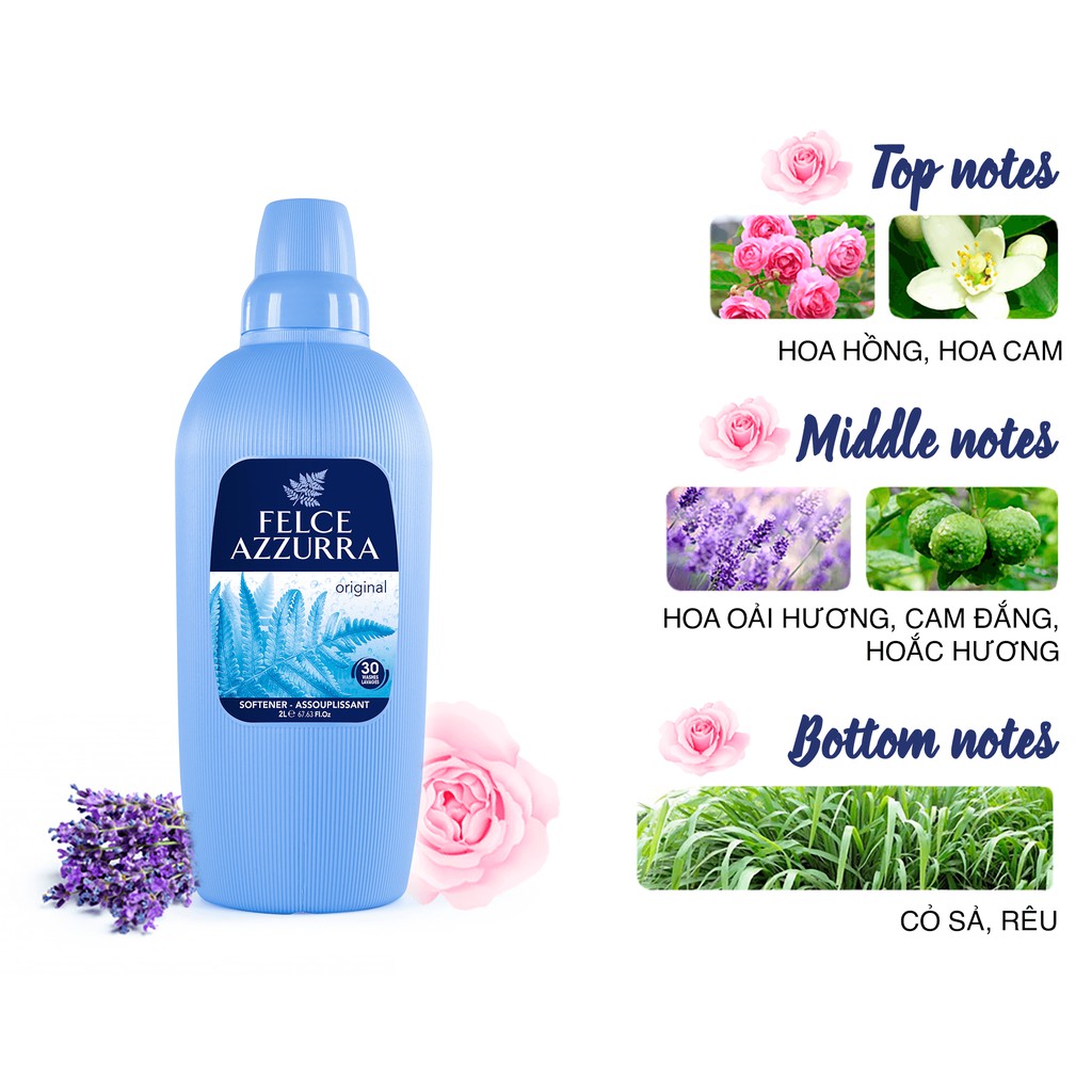 Thùng nước xả vải hương nước hoa Ý Felce Azzurra siêu thơm mềm mại 2Lx 9chai, hương cỏ sả, vanilla, hoa hồng, phấn talc