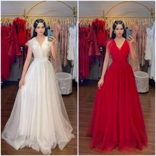 Đầm váy dạ hội maxi cổ V phối lưới bèo