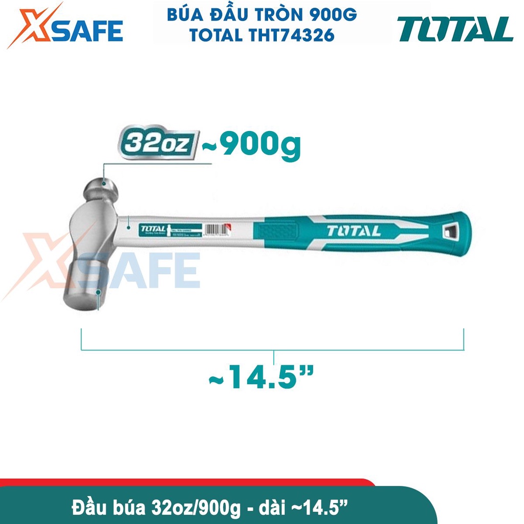 Búa đóng đinh TOTAL THT74326 1 đầu bằng 1 đầu tròn, thép carbon 45 cứng cáp, rèn đúc nguyên khối, chịu nhiệt