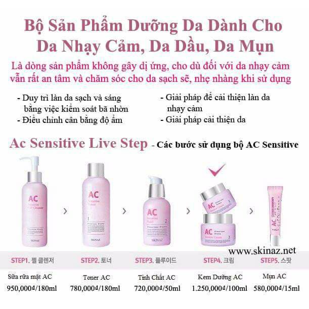 Bộ DƯỠNG DA MỤN AC, DA NHẠY CẢM, DẦU NHỜN SKINAZ