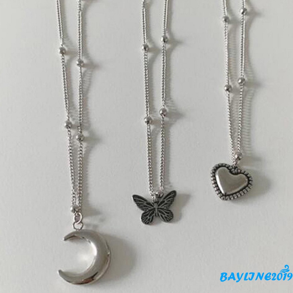 Bộ 3 Vòng cổ hợp kim mặt hình bướm mặt trăng trái tim sáng tạo cho nữ