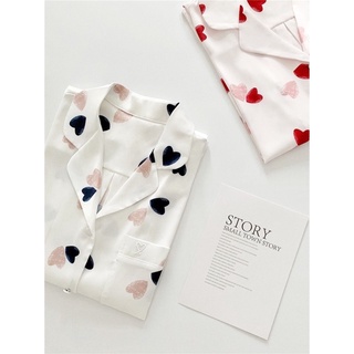 Vải xịn Pyjama đồ bộ mặc nhà sleepwear lụa satin cao cấp dễ thương phong cách Hàn quốc có tay áo quần đùi hình trái tim