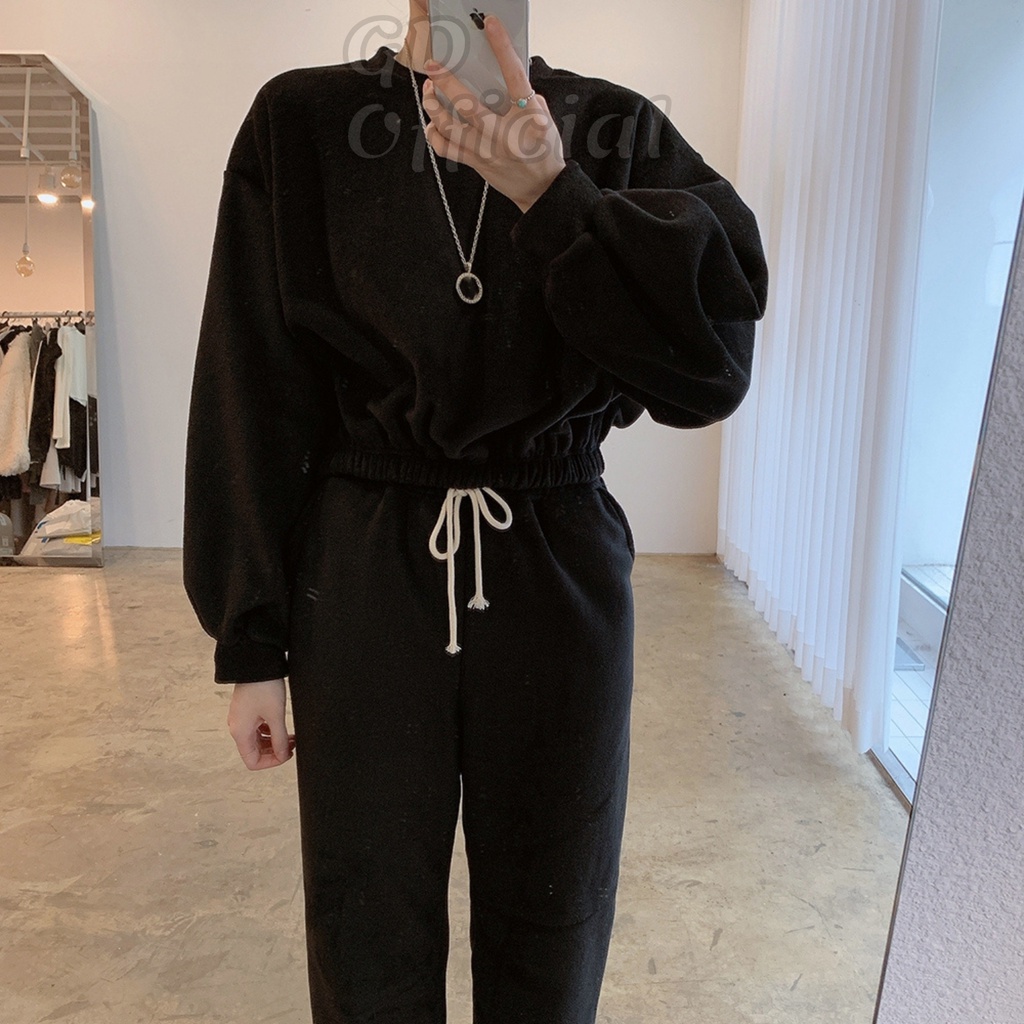 N10|Set bộ nỉ bông nữ áo hoodie cổ tròn dài tay dáng croptop, quần cạp lưng cao thun bo chân xám, xanh, trắng GD Officia