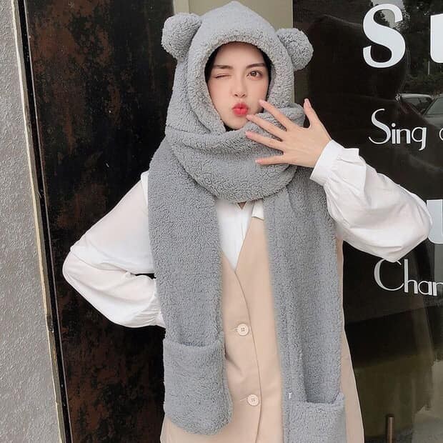 Mũ len tai gấu khăn quấn cổ kèm bao tay