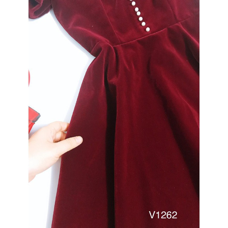 [ xả kho ] MiD Đầm nhung Hàn V1262 có miếng lưới cổ Mie Design kèm ảnh thật