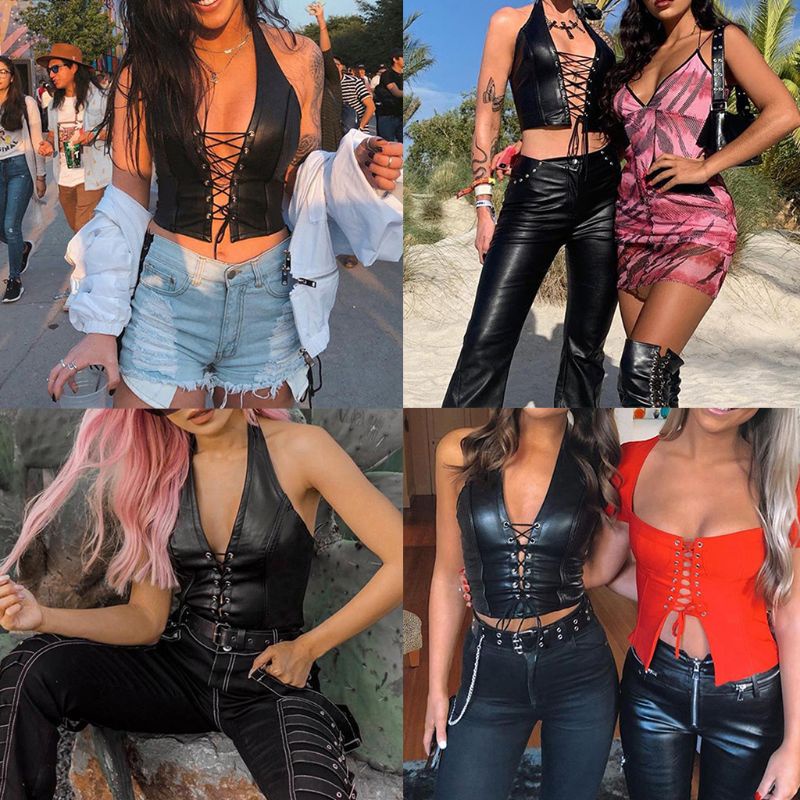 Áo croptop giả da không tay hở lưng cột dây phong cách punk cho nữ