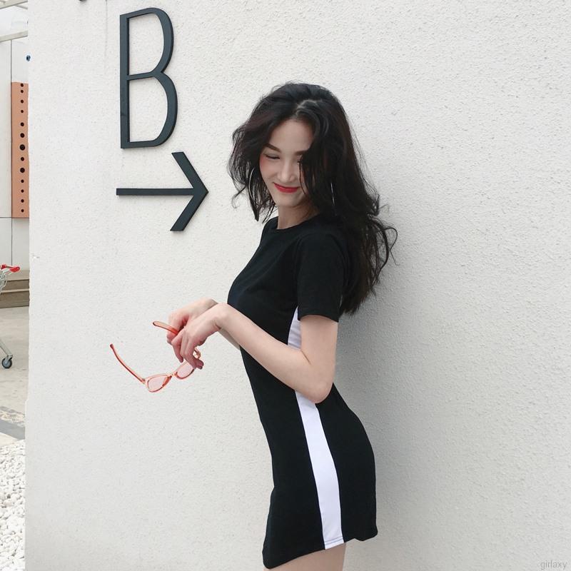 Đầm Body Tay Ngắn Cổ Tròn Hoạ Tiết Kẻ Sọc Phong Cách Hàn Quốc
