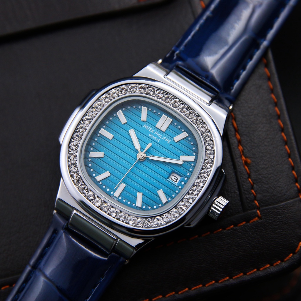 Đồng hồ nam dây da PATOGE01 mặt đính đá sang trọng, hiển thị lịch ngày, chống nước, chống xước tốt - Bảo hành 1 đổi 1