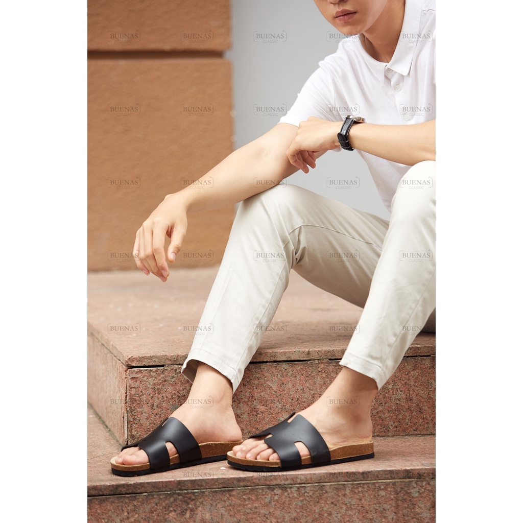 Dép đế trấu nam nữ unisex birken quai ngang Buenas - BU05 đen