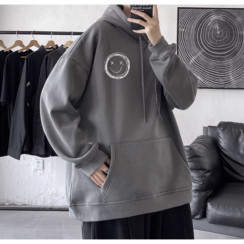 Áo Hoodie Nỉ Bông Tay Dài Unisex Hình In Logo Mặt Cười