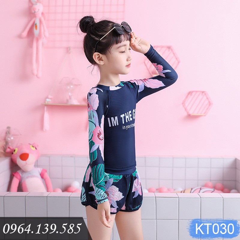 Đồ bơi bé gái tay dài chống nắng, quần đùi sooc, dáng thể thao, hàng cao cấp, có size của mẹ | KT030