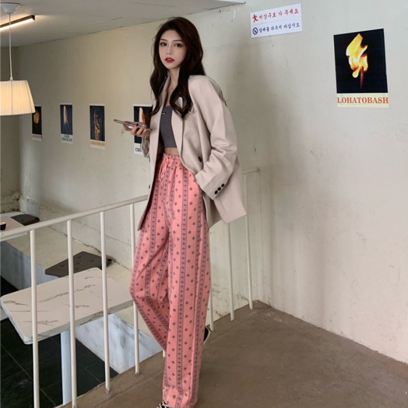 Happy-store  Quần dài ống rộng phong cách Hồng Hàn Quốc cá tính cho nữ