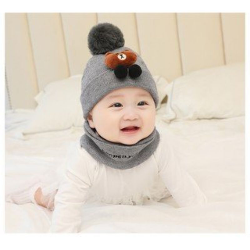 Set Nón len lọ gấu nâu kèm khăn ống siêu cute cho bé 3m-2t.4màu như ảnh