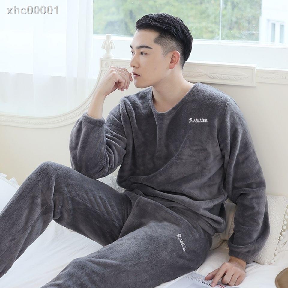 ▦✶♘Bộ Đồ Ngủ Vải Flannel Lông Cừu San Hô Dày Ấm Áp Thời Trang Thu Đông Cho Nam