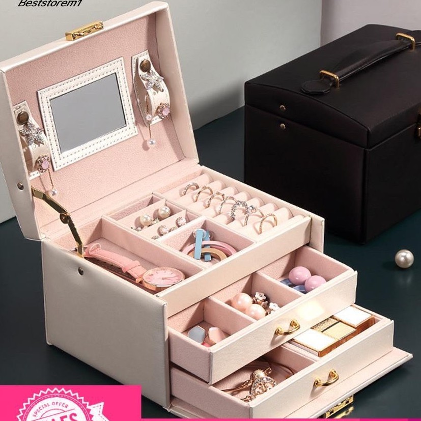 Hộp Đựng Trang Sức Cao Cấp Bọc Da PU 3 tầng Có Khóa chống trộm (size 26.5*18*6.5cm)