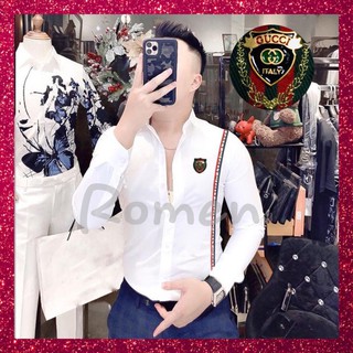 ÁO SƠ MI NAM TRĂNG THÊU LOGO CHẠY DÂY NHỎ DÀI TAY FORM ÔM NAM NỮ LỤA KATE