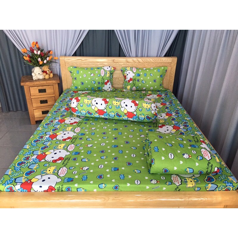 Drap thun❤️FREESHIP❤️ga thun lạnh Hàn Quốc mẫu mèo nơ (1 ga, 3 vỏ gối)