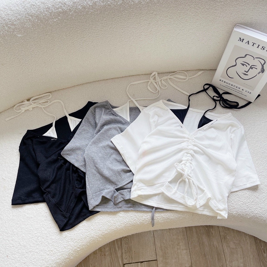Áo croptop cổ yếm tay ngắn rút dây ngực phong cách Hàn Quốc