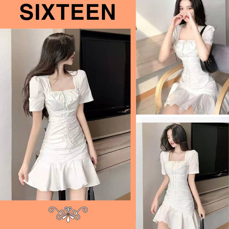 Đầm Nữ, Đầm trắng, Váy Nữ Đuôi Cá, Cổ Vuông Thắt Nơ, Chiết Eo Điệu Đà SIXTEEN.