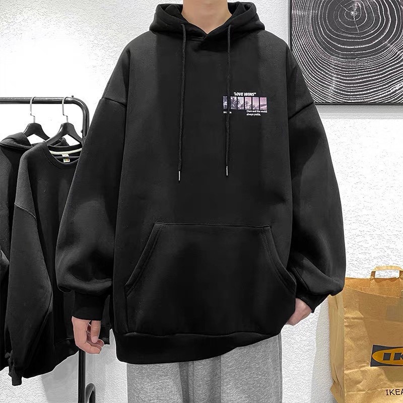 Áo nỉ bông hoodie dày dặn hình in hai mặt chữ Love Wins cùng mũ hai lớp Beoshop